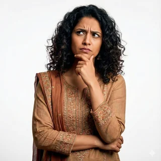 Indian woman in thoughtful, reflective pose - thinking about PCOS and PCOD care questions